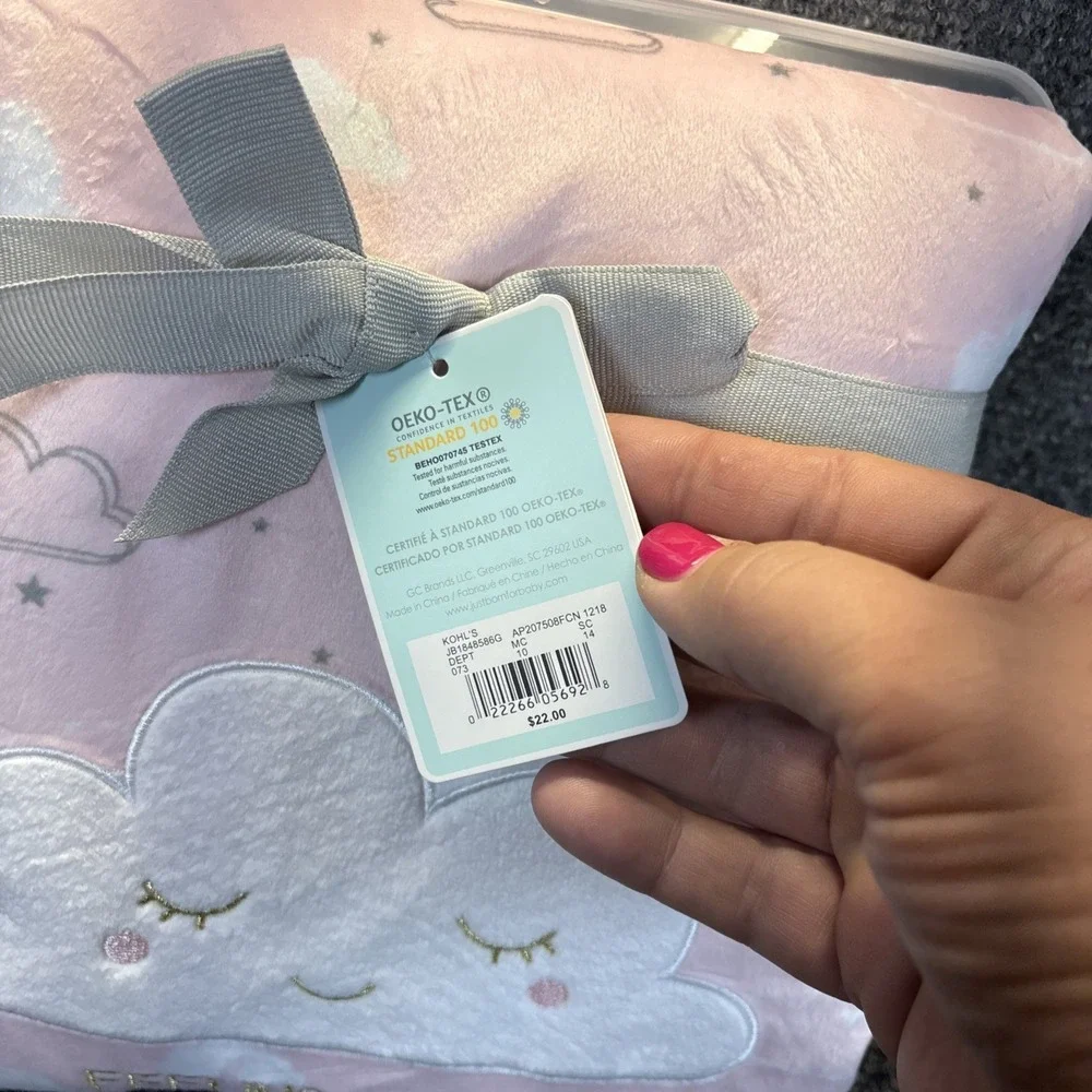 Just Born~Baby Girl~Feeling Dreamy Pink/Gray~Clouds Sherpa Plush Blanket~30x40